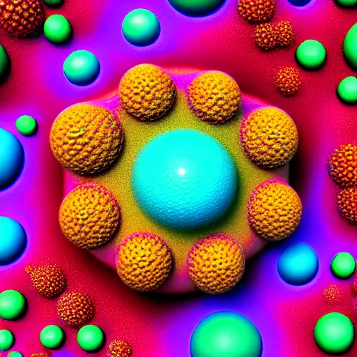 Image similar to ultradetailed scientific 3D image of several beautiful spherical pollen eaten by amoebas, scanning electron microscope image, multi-colored, fractal patterns, 8K, octane renderer, award winning, perspective