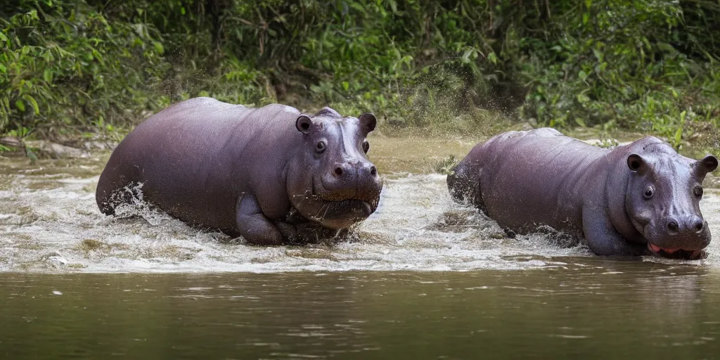 Prompt: nature photographer's photo of a hippo with in a river in the jungle, attacking the photographer. extremely high detail, ominous natural lighting