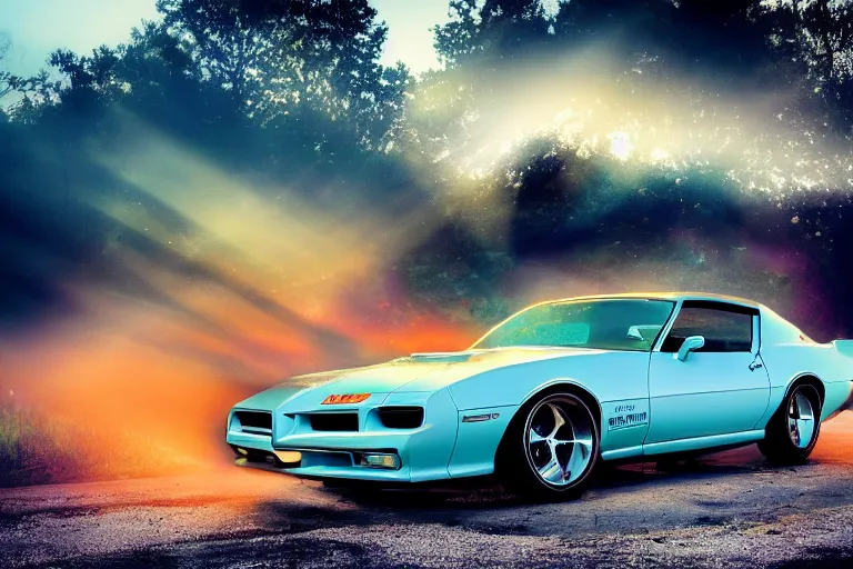 Image similar to pontiac firebird with grafitti tag on side, sunrise, dramatic, cinematic, forest, sunbeams, volumetric lighting, wide shot, low angle, realistic pokemon creatures looking at car, pokemon