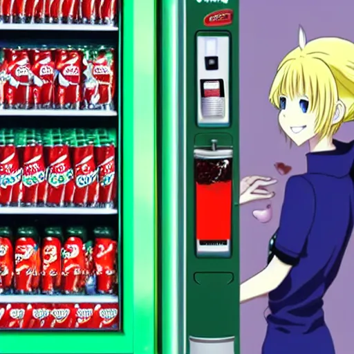 Prompt: beautiful blonde anime elf girl stuffing leaves in a coke vending machine, high quality anime art digital