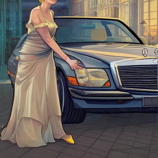 Image similar to Princess Diana standing next to a Mercedes-Benz W140, highly detailed, digital painting, artstation, concept art, smooth, sharp focus, illustration, art by artgerm and alphonse mucha, high definition digital art, in the style of Ross tran and ilya kuvshinov