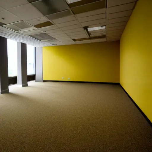 Image similar to dark lights out blackout scary empty 9 0 s office building with no windows doors or furniture the building has brown carpet and yellow wallpaper