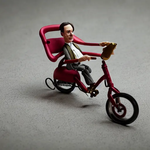 Image similar to product photography of a claymation action figure steve buscemi riding a children's tricycle, depth of field, zeiss lens, detailed, centered, by nicoletta ceccoli, mark ryden, erwin olaf, earl nore, frank frazetta, breathtaking, 8 k resolution, extremely detailed, beautiful, establishing shot, hyperrealistic