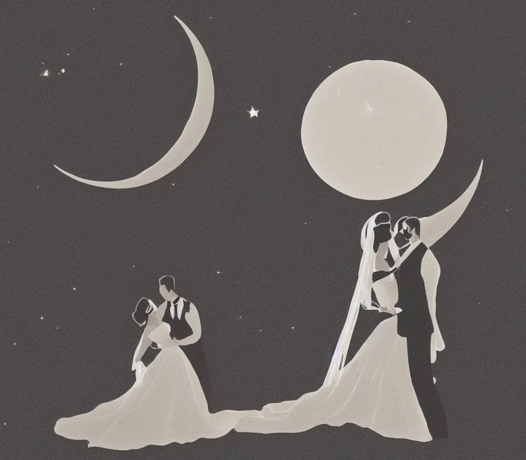 Prompt: digital art drawing of a couple dancing on a crescent moon during their wedding ceremony, soft lighting, neutral colours, lots of details