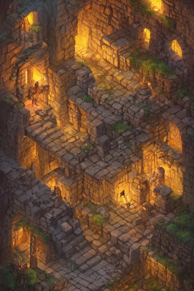 Prompt: a digital painting of an isometric fantasy medieval dungeon by justin gerard, paul bonner, highly detailed, volumetric lighting, digital art, isometric, artstation hd