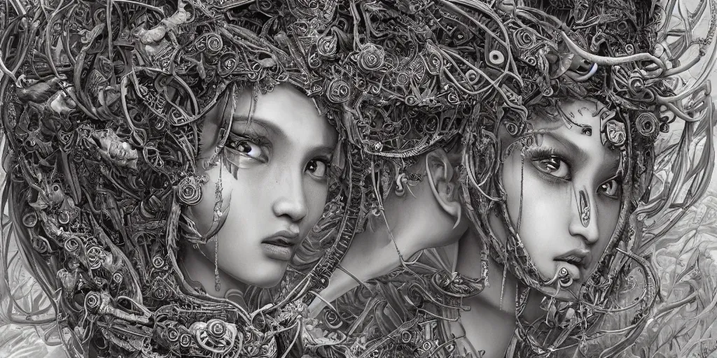 Image similar to hyperrealistic photography of a highly detailed and symmetrical gorgeous nepalese female demigorgon deconstructing a poetry machine in the style of Jin Kagetsu, James Jean and wlop, highly detailed, face symmetry, masterpiece, award-winning, sharp focus, intricate concept art, ambient lighting, 8k, artstation