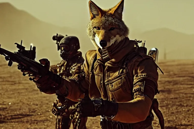 Image similar to a good ol'coyote fursona ( from the furry fandom ), heavily armed and armored facing down armageddon in a dark and gritty version from the makers of mad max : fury road. witness me.