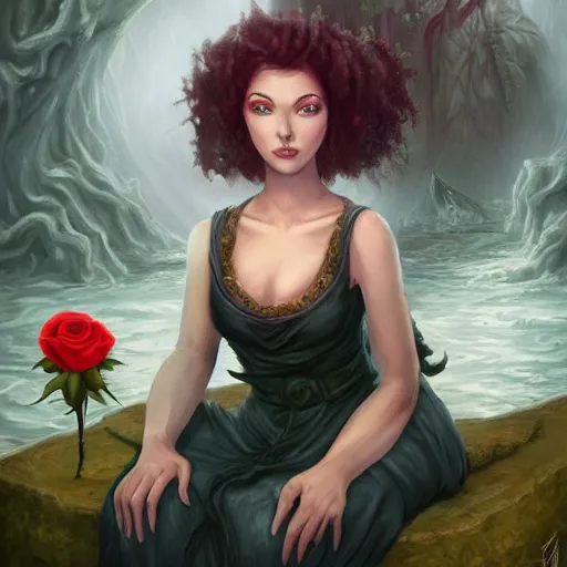 Prompt: Cthulhu's wife holding a black rose wearing a sundress and sitting by the river, garden, summer, 8k resolution matte fantasy painting, cinematic lighting, DeviantArt, Artstation, Jason Felix Steve Argyle Tyler Jacobson Peter Mohrbacher