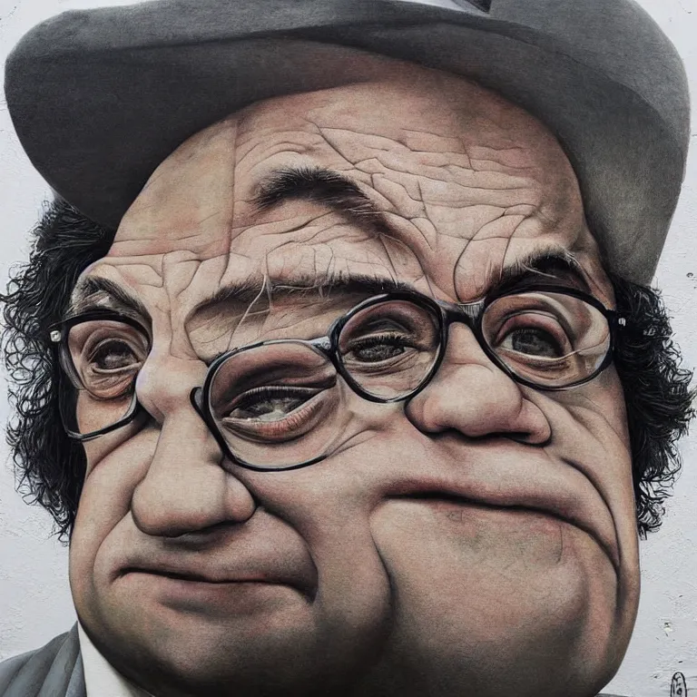 Prompt: Street-art portrait of Danny DeVito in style of Etam Cru, photorealism