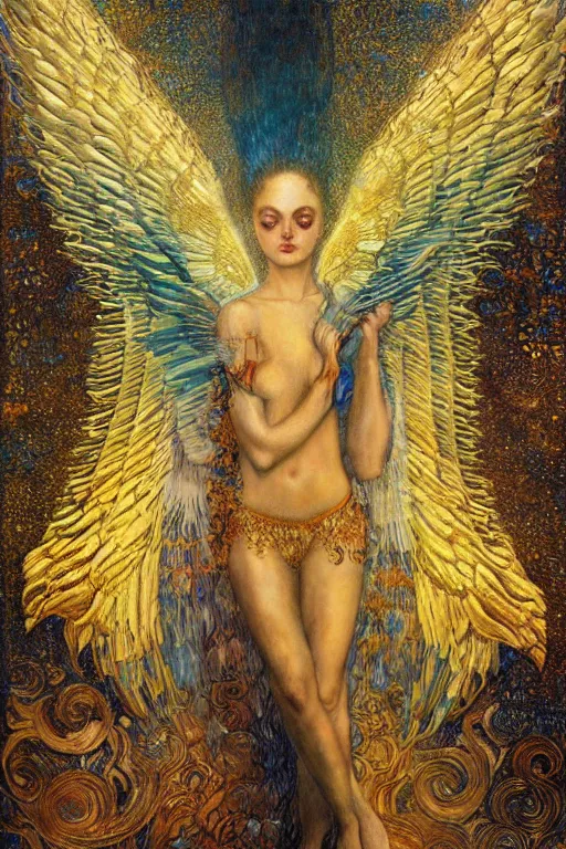 Image similar to Visions of Paradise by Karol Bak, Jean Deville, Gustav Klimt, and Vincent Van Gogh, visionary, otherworldly, fractal structures, infinite angel wings, ornate gilded medieval icon, third eye, spirals, heavenly spiraling clouds with godrays, airy colors, feathery wings