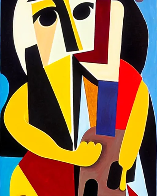Image similar to a cubism portrait of willie nelson hugging his guitar, in the style of fernand leger, black and red