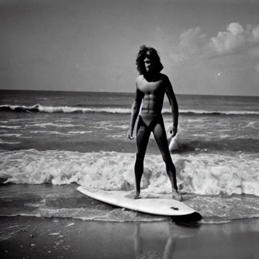 Image similar to 1980's photograph of a gothic surfer dude on a beach with a surfboard on his lap, photography