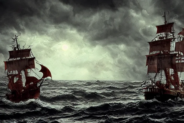 Prompt: epic pirate ship in a storm, cthulhu rises from the sea, cthulhu, cthulhu!!! in the style of vernon grant and chris van allsburg, trending on artstation, bright tilt - shift camcorder effect, photoshop, retrowave, hyperrealism,