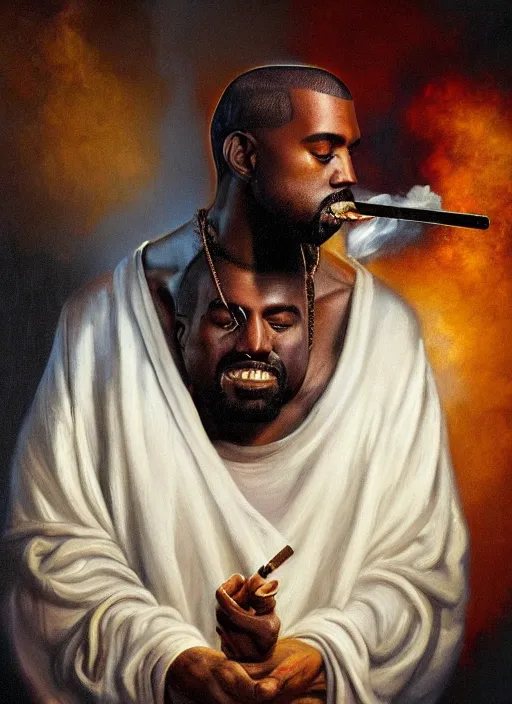 Prompt: realistic oil painting of kanye west smoking a joint with jesus christ, detailed, by rembrandt van rijn, lisa frank, hr giger, beksinski, anato finnstark!!, 8 k resolution, beautiful lighting, studio light, extremely detailed, establishing shot, realistic materials, hyperrealistic