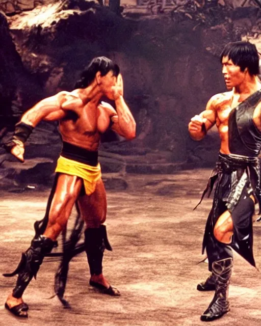 Prompt: on a mortal kombat video game battle stage, bruce lee stands off against arnold schwarzenegger dressed as conan the barbarian