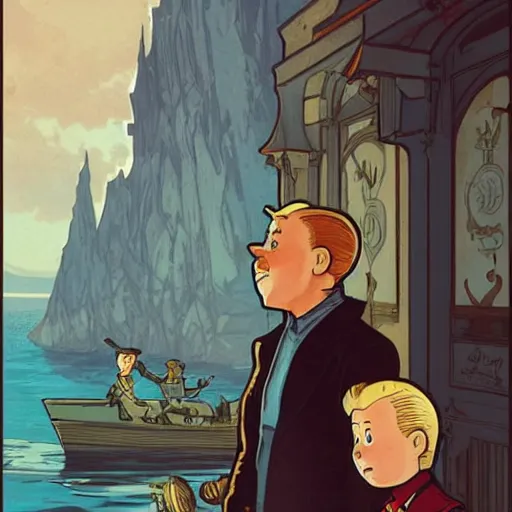 Image similar to Tintin and Haddock goes into an adventure. Elegant, intricate, digital painting, artstation, concept art, smooth, sharp focus, illustration, art by artgerm and greg rutkowski and alphonse mucha