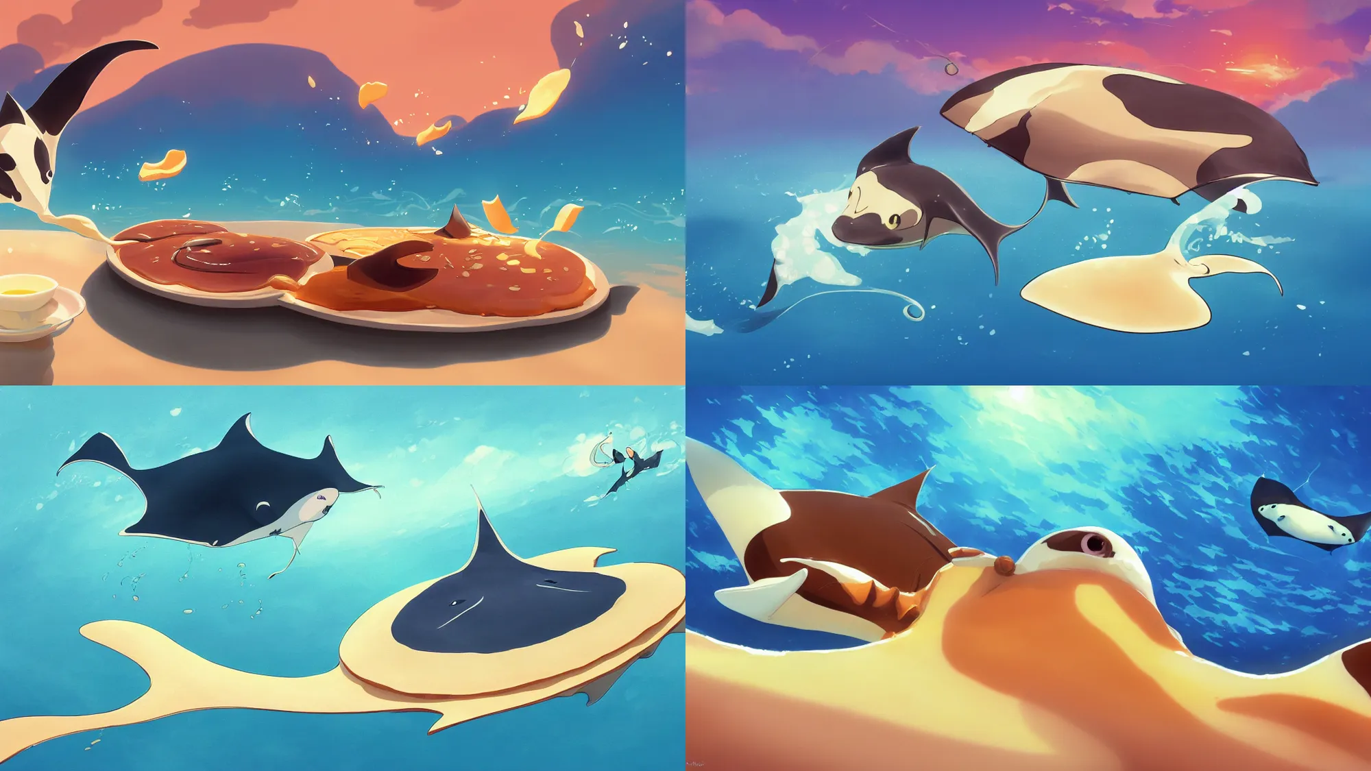 Image similar to painting of a happy flat pancake manta ray swimming in syrup, cute, 4 k, manta ray made of pancake, fantasy food world, living food adorable pancake, brown atmospheric lighting, by makoto shinkai, studio ghibli, ross tran