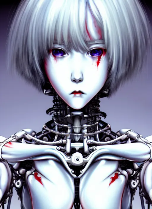 Image similar to Rei Ayanami by Yoshitaka Amano, by HR Giger, biomechanical, profile portrait, 4k, wide ayes, hyper detailed, hyperrealism, anime, a Blood Moon rising on a Broken World 4k very detailed deviantart artstation