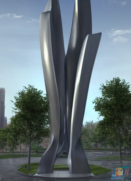 Image similar to highly detailed architecture 3 d render of a huge high futuristic metallic stele sculpture in zaha hadid style standing in city park, archdaily, made in unreal engine 4