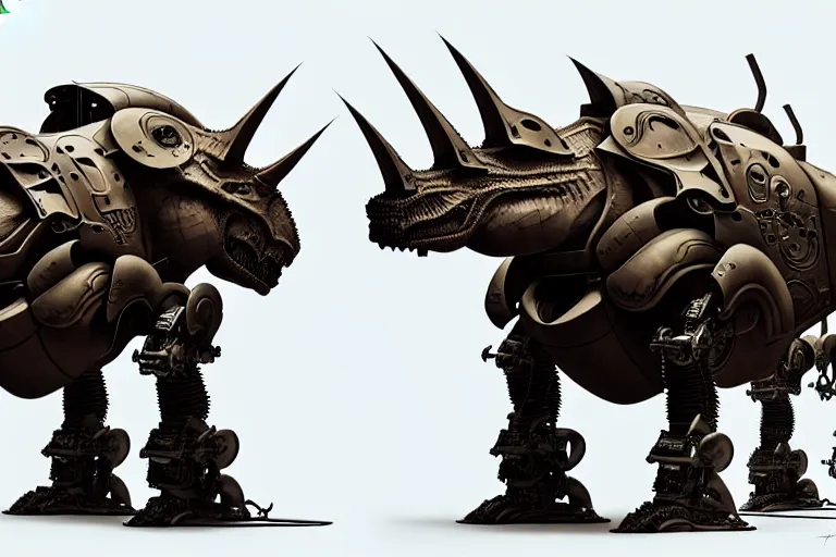 Image similar to triceratops in a cyborg mech suit, by alexandre ferra, zezhou chen, peter gric, mohamed reda and hr giger, hyper detailed, screen print, character concept art, realistic, coherent, octane render, zbrush central, behance hd, hypermaximalist