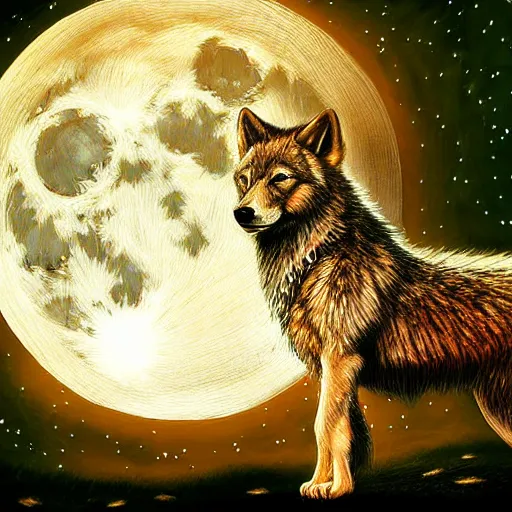 Prompt: a diamond wolf in front of full moon, fantasy art, high definition