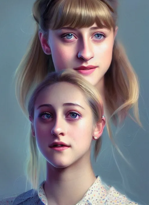 Image similar to portrait of teenage lili reinhart with bangs, smiling kindly, bangs, 1 9 6 0 s, ponytail, bangs and ponytail, intricate, elegant, glowing lights, highly detailed, digital painting, artstation, concept art, smooth, sharp focus, illustration, art by wlop, mars ravelo and greg rutkowski