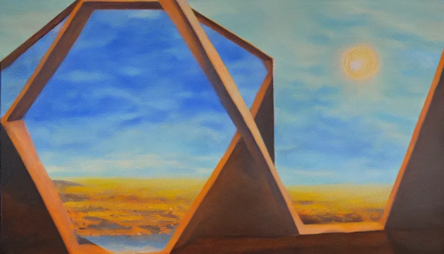 Image similar to the sun being blocked by a hexagon, earth in the foreground, oil painting