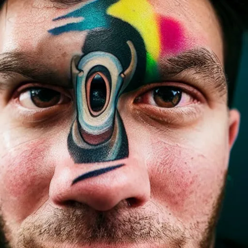 Prompt: portrait photo of man with a face tattoo of a 3 dimensional hole in the skin with multicolored tubes and robotic mechanics inside under the skin, insanely integrate,