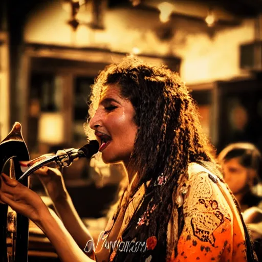 Image similar to a gipsy singer sings a jazz song in a crowded pub, award-winning photograph, dark, golden hour, colorful, night