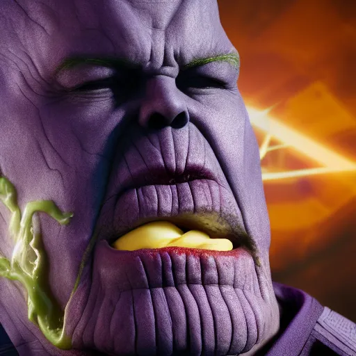 Prompt: Thanos eating a Big Mac, full shot, f/22, 35mm, backlit