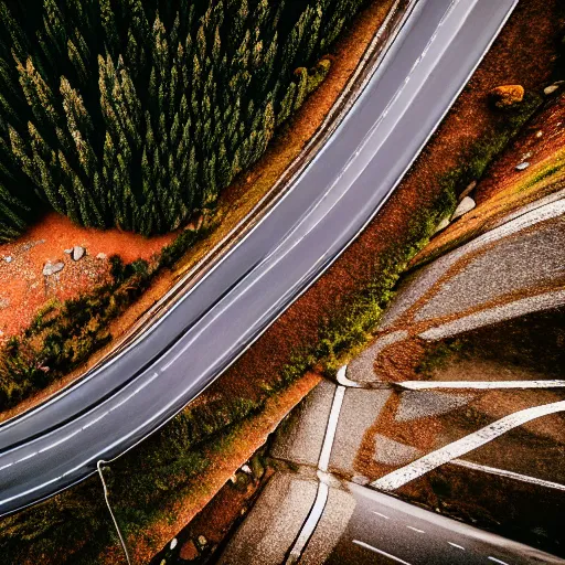 Prompt: drone photography of a car on a mountain road