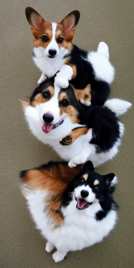 Image similar to cute corgi and a cute fluffy tuxedo cat riding on the top of him, realistic photo