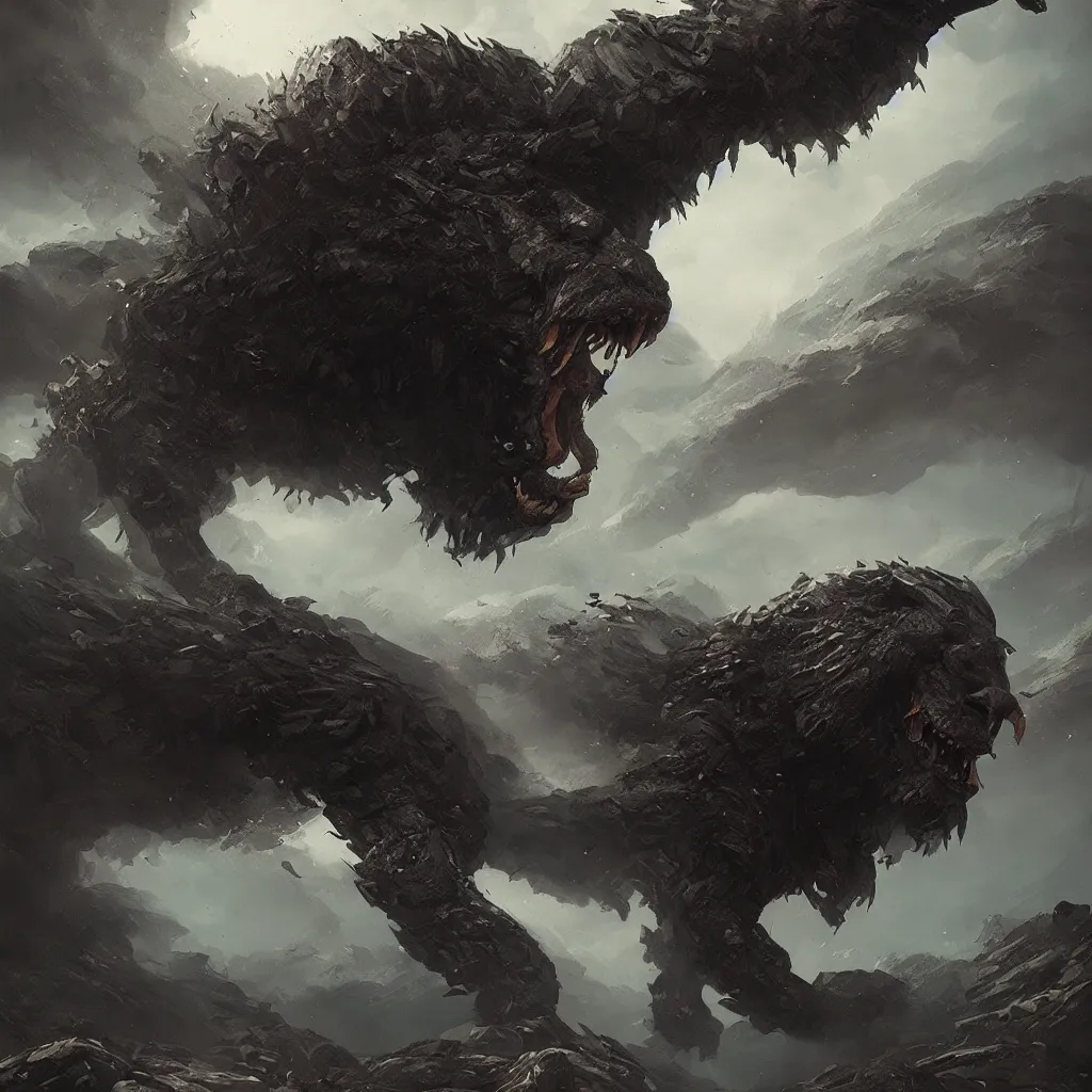 Image similar to Giant black rock lion monster art, in the style of greg rutkowski, illustration, epic, fantasy, intricate, hyper detailed, artstation, concept art, smooth, sharp focus, ray tracing