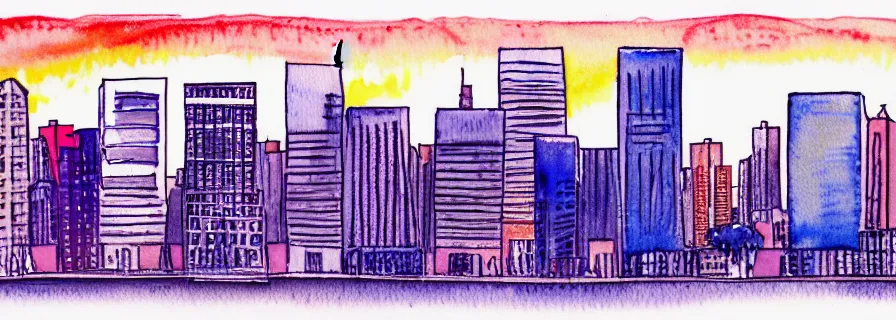 Image similar to watercolour line drawing of a city skyline at sunset