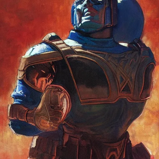 Prompt: style : norman rockwell. composition : close shot. style : digital art ; detailed ; dreamlike ; 4 k. scenery : a coliseum with lots of people in the stands. subject : darkseid, wearing full body armor.