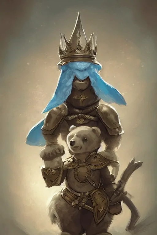 Image similar to cute little anthropomorphic bear knight wearing a cape and a crown, tiny, small, miniature bear, baby animal, short, pale blue armor, cute and adorable, pretty, beautiful, DnD character art portrait, matte fantasy painting, DeviantArt Artstation, by Jason Felix by Steve Argyle by Tyler Jacobson by Peter Mohrbacher, cinematic lighting