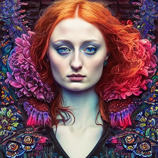 Image similar to portrait of sophie turner, hyper detailed masterpiece, neon floral pattern, jean giraud, digital art painting, darkwave goth aesthetic, psychedelic, artgerm, donato giancola and tom bagshaw