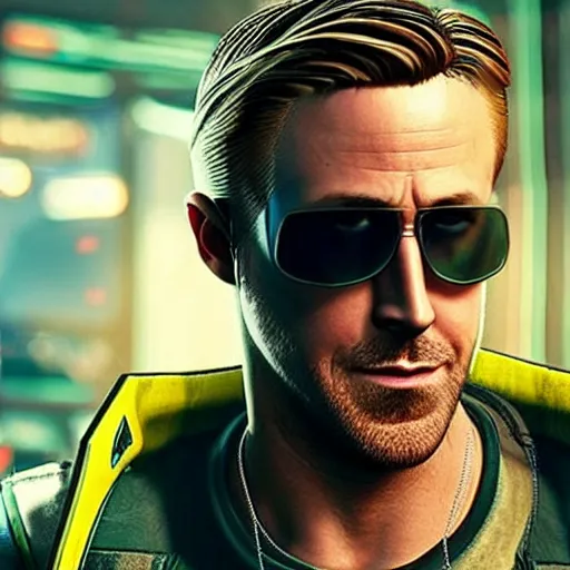 Image similar to ryan gosling in the game cyberpunk 2 0 7 7 as a getaway driver