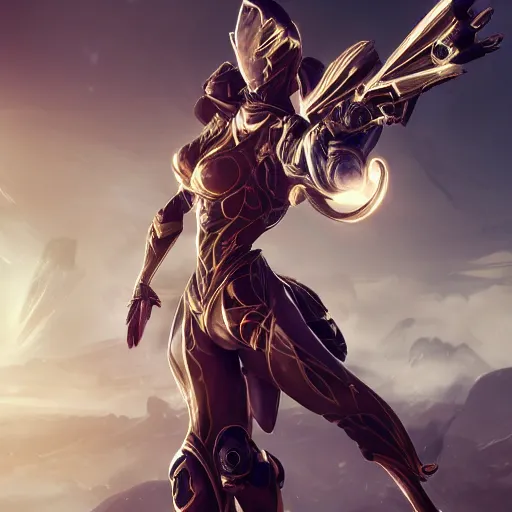 Image similar to highly detailed exquisite fanart, of a beautiful female warframe, elegant pose, holding a detailed epic kitgun, detailed hands, epic cinematic shot, DeviantArt, high quality artstation, HD render