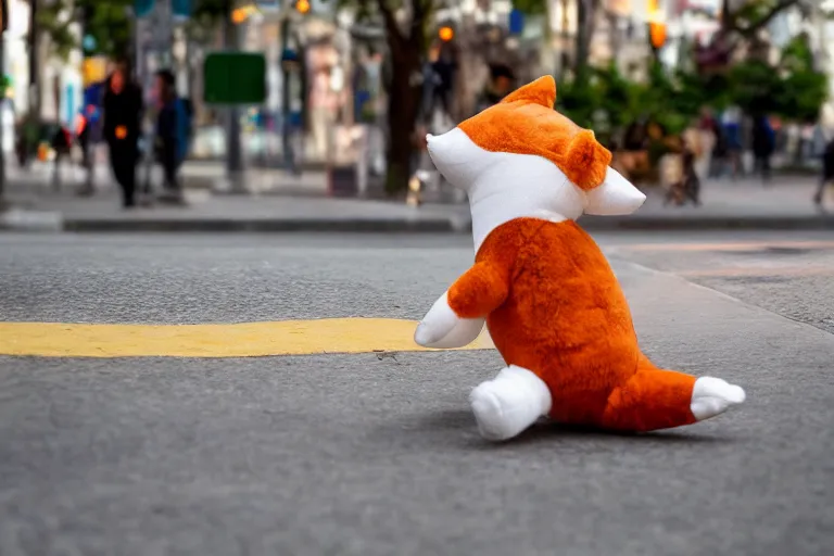 Prompt: A fabric stuffed animal toy fox plushie wagging its tail rapidly while sitting on the sidewalk, dynamic, motion blur, 1/4 shutter speed, award winning photography