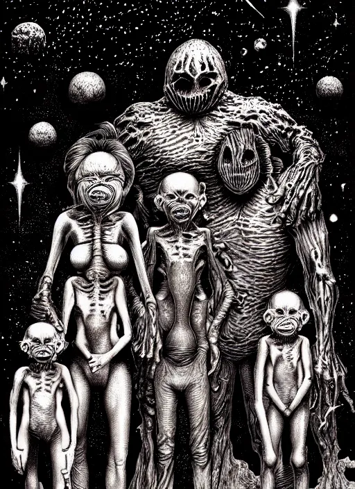 Prompt: detailed image of a creepy family in the deep space by richard corben, rich deep colors. masterpiece . intricate artwork, cinematic, hyper realism, high detail, unreal engine, 8k, Smooth gradients, High contrast, depth of field, fishes eye. full body character drawing, clean ink detailed line drawing, intricate detail, extremely detailed.