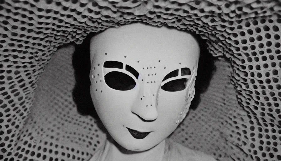 Image similar to 50s movie still close-up portrait of a white female japanese phantom with trypophobia mask in a liminal space style tunnel, early black and white 8mm, heavy grain, low quality,