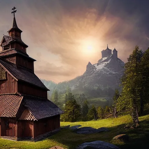 Prompt: Hopperstad Stave Church, medieval wooden church by norwegian fjord, beautiful scenery, mountains, sea, rocks, a matte painting by Filip Hodas, featured on cgsociety, magical realism, matte painting, anamorphic lens flare, concept art