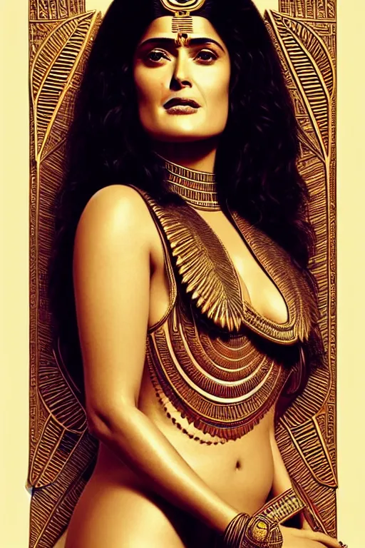 Image similar to Portrait of Salma Hayek as Cleopatra, intricate art deco leaf designs, elegant, highly detailed Egyptian patterns, hieroglyph, sharp focus, art by Artgerm and beeple