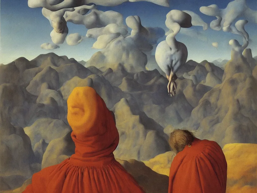 Image similar to albino mystic, with his back turned, looking at a hallucination over the desert in the distance. Painting by Jan van Eyck, Audubon, Rene Magritte, Agnes Pelton, Max Ernst, Walton Ford