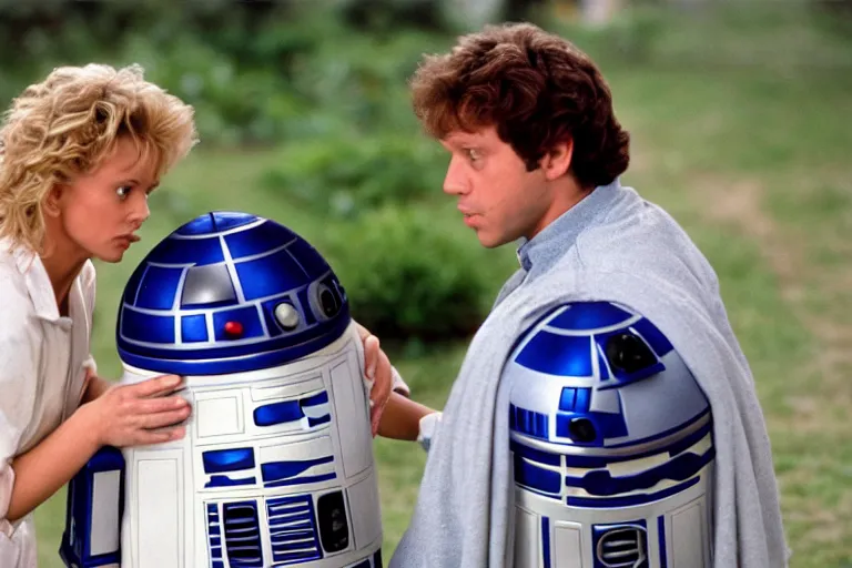 Prompt: a movie still from the 1989 romcom movie when Harry Met R2D2 starring Billy Crystal and Meg Ryan as R2D2