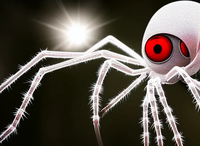 Prompt: white crystal clear spider with huge red eyes, in a forest. highly detailed 8 k. intricate. lifelike. soft light. fantasy horror style. cinematic post - processing