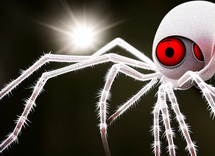 Image similar to white crystal clear spider with huge red eyes, in a forest. highly detailed 8 k. intricate. lifelike. soft light. fantasy horror style. cinematic post - processing