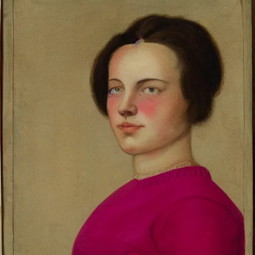 Image similar to frontal portrait of a woman wearing pink and white