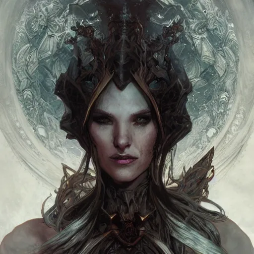 Image similar to An epic fantasy comic book style portrait of a necromancer, castle setting, horror movie lightning, intricate, elegant, highly detailed, digital painting, artstation, concept art, matte, sharp focus, illustration, art by Artgerm and Greg Rutkowski and Alphonse Mucha